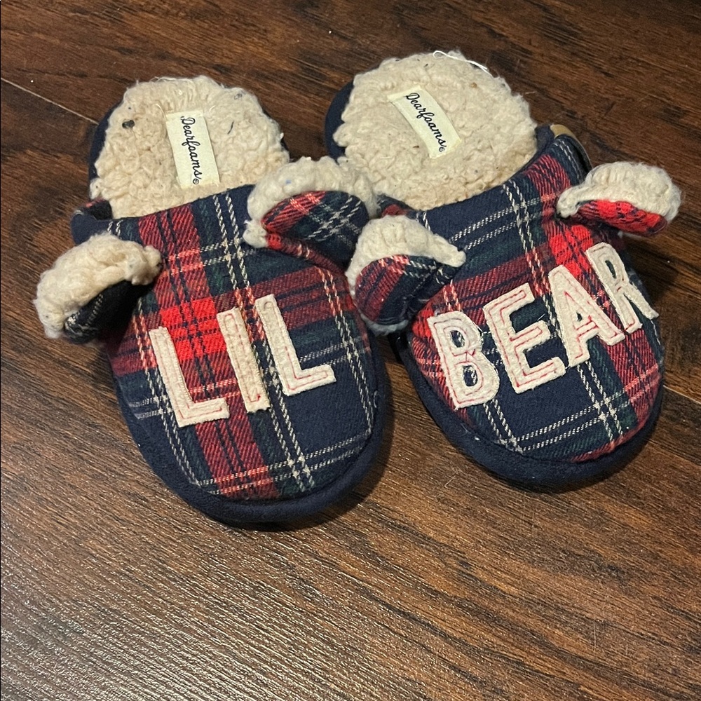 Dearfoams Red and Blue Plaid Lil Bear Kids Slippers size 7